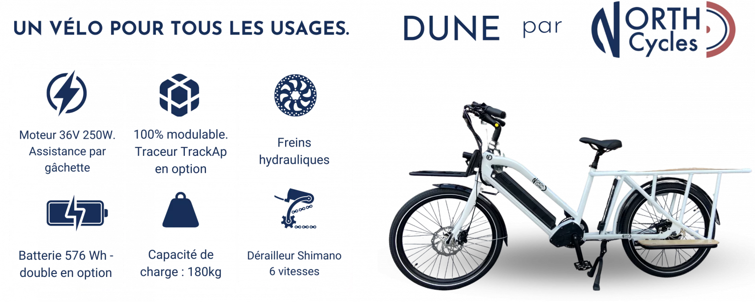 Vélo électrique longtail "Dune" par North Cycles. Récapitulatif de ses fonctionnalités principales (freins hydrauliques, moteur Bafang, dérailleur Himano, capacité de charge 180kg...) Slogan "un vélo pour tous les usages".